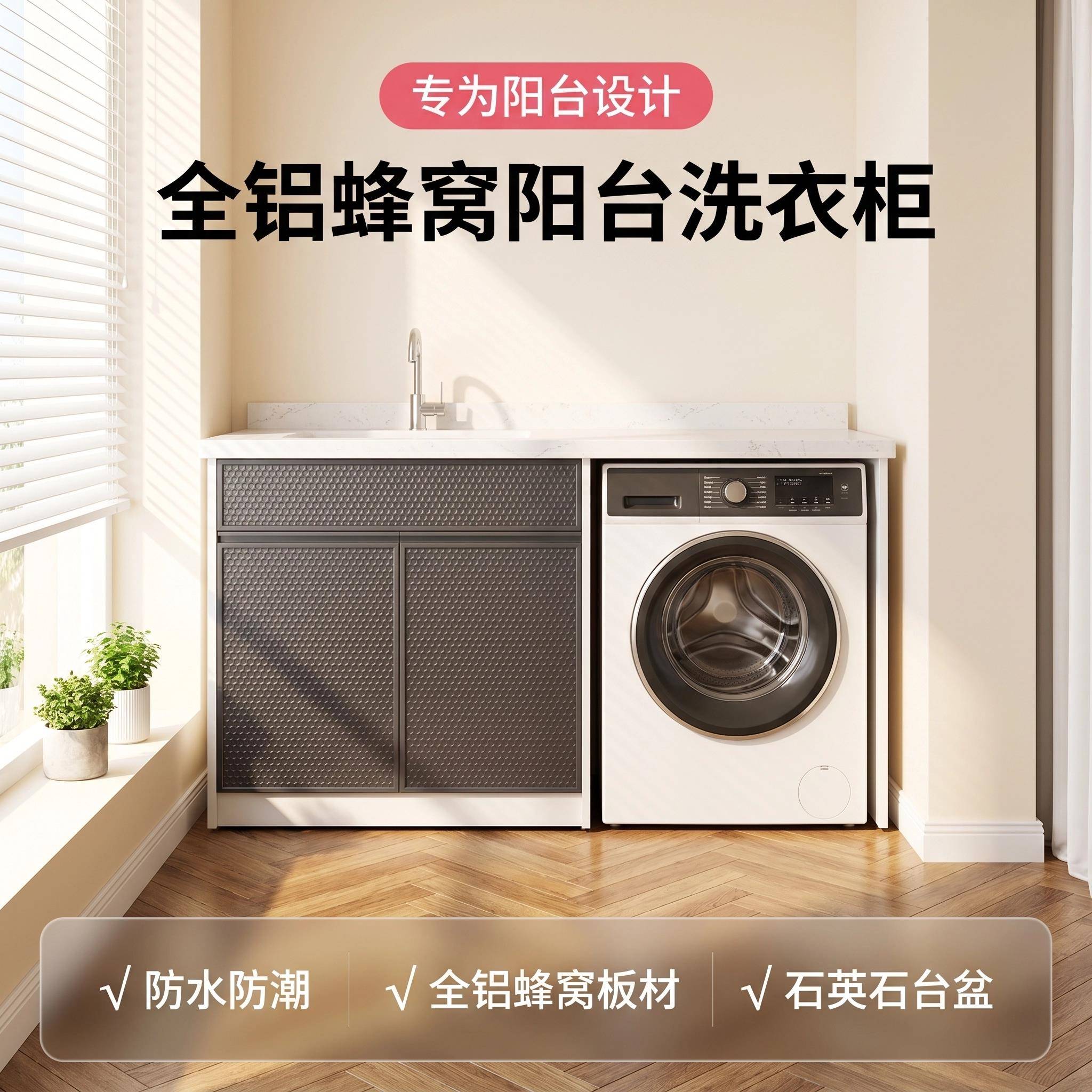 可定制蜂窝全铝大板洗衣机柜阳台洗衣池洗衣机一体柜组合切角奶油