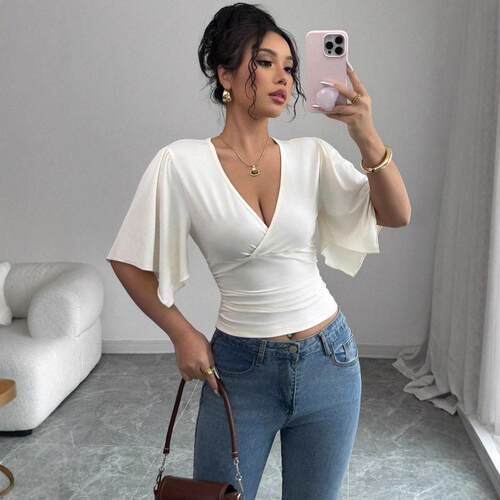 Women'S Casual Short-Sleeved Fitted Solid Shirts With,