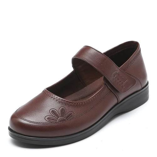 高档织丽妈妈平鞋子单鞋真皮底大码老年皮鞋软女底春季防人滑老人