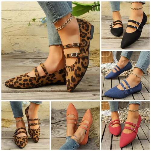 Womens Mary Jane flat shoes leopard print buckle comfortable