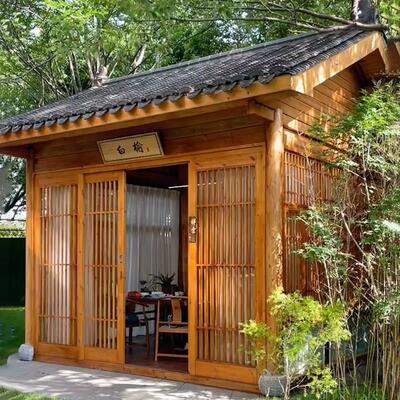 户外小木屋民宿庭院室外茶室造景花园网红木屋别墅休闲农场茅草木