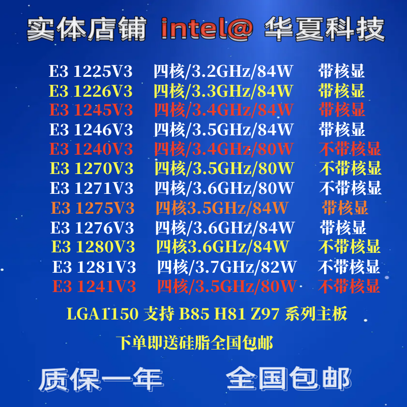 E3 1225V31226 1245V3 1246V3 1275V3 1276V3 1271V3 1281V3 CPU