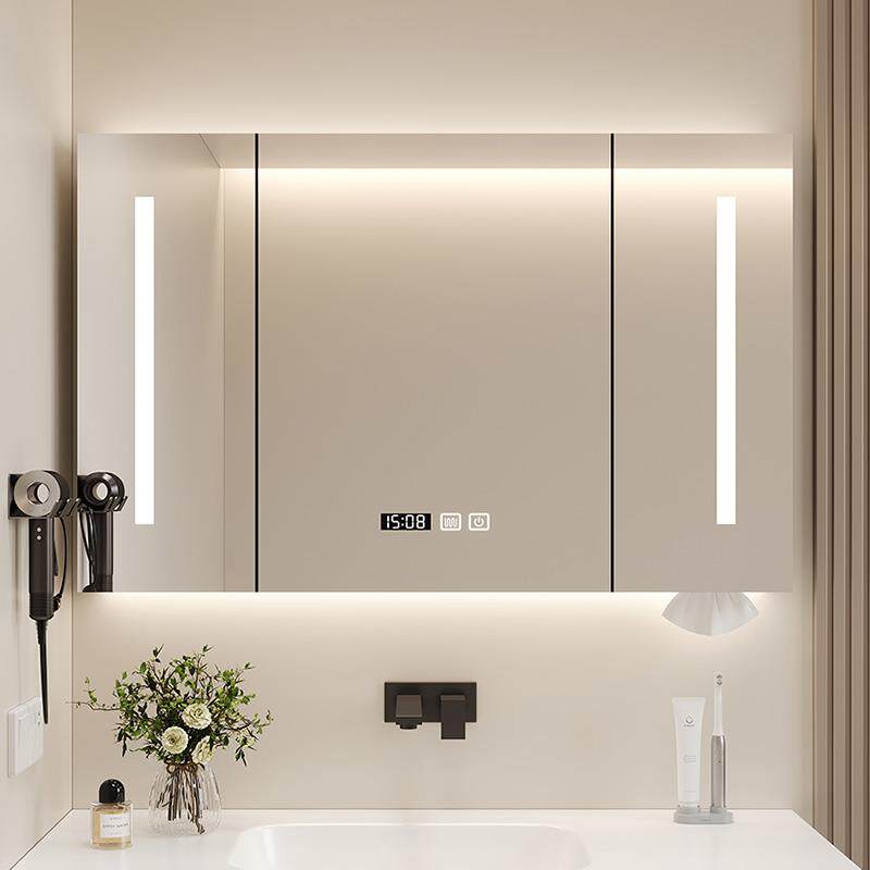 智能实木浴室镜柜单独挂墙式带背光灯防雾卫生间梳妆镜子带置物架