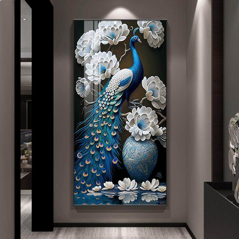 富贵吉祥孔雀挂画现代轻奢玄关装饰画正对门凤凰高档晶瓷走廊壁画