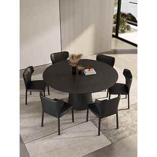 意式 极简圆型岩板餐桌带内嵌转盘纯黑圆桌餐厅饭桌家用网红餐桌椅