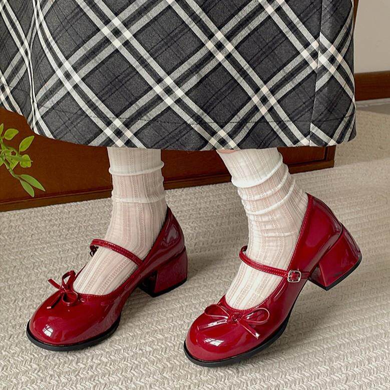 红色法式圆头jk配裙子粗高跟小皮鞋女2026新款夏季增高玛丽珍单鞋