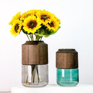 北欧风花瓶摆件客厅干花插花花束客厅摆设ins风木头玻璃花瓶网红