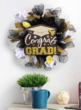 纵鸿热卖Congrats毕业季装饰花环网纱学士帽木牌花环教室门挂