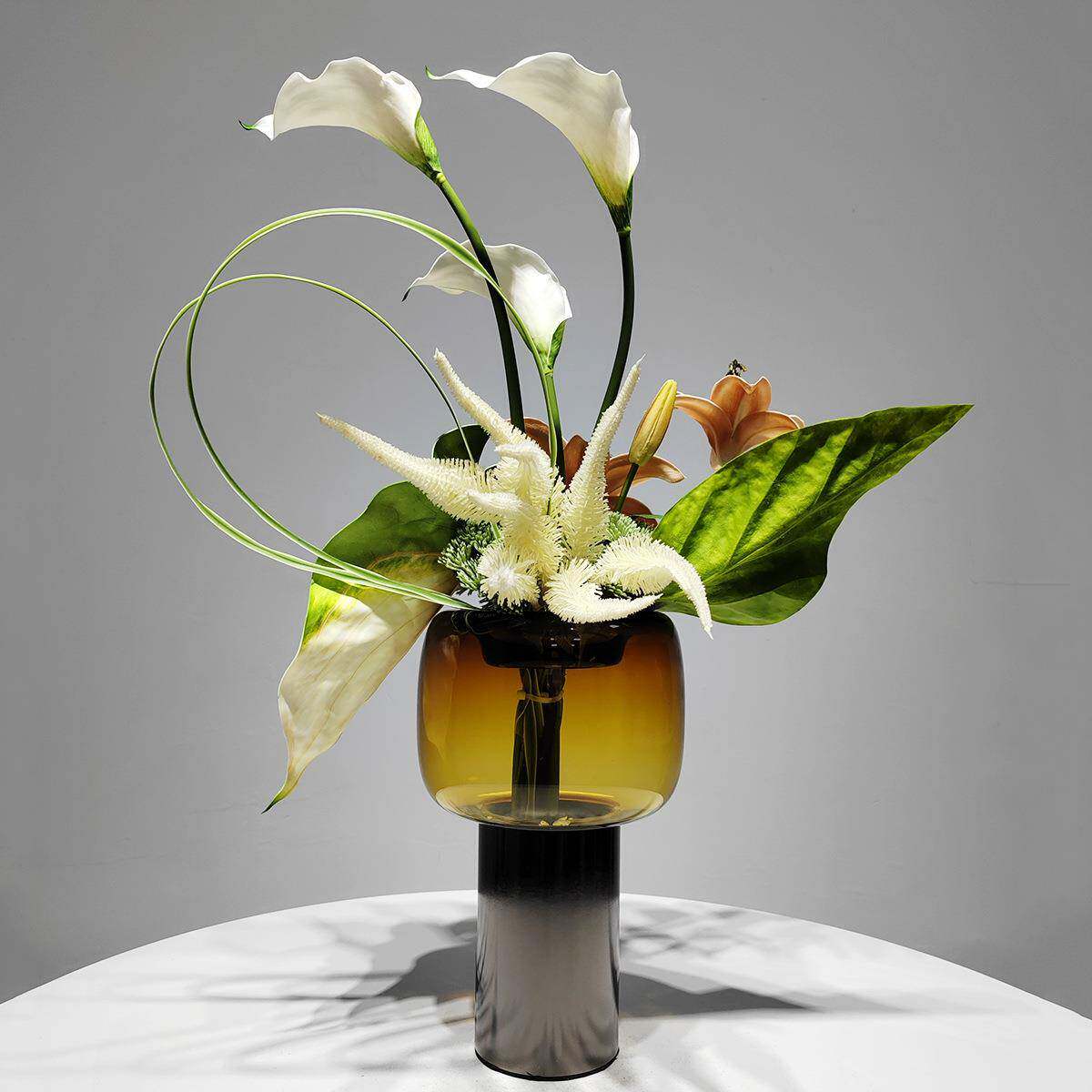 轻奢棕绿色系花艺玻璃花瓶插花客厅餐桌茶几仿真花艺家居装饰摆花