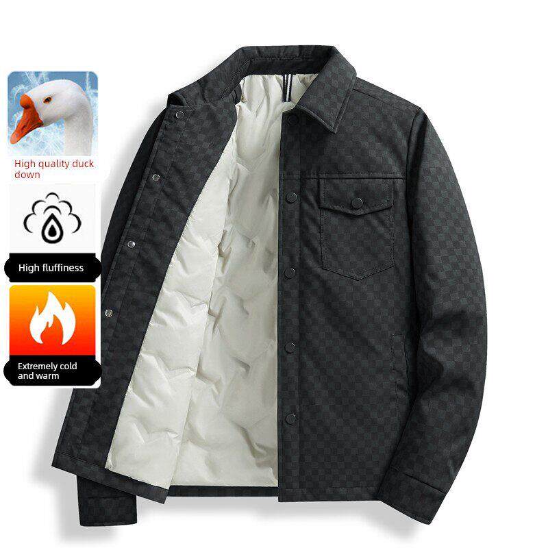 高端羽绒服男2025冬季新款棋盘格翻领潮牌工装衬衫领加厚保暖外套