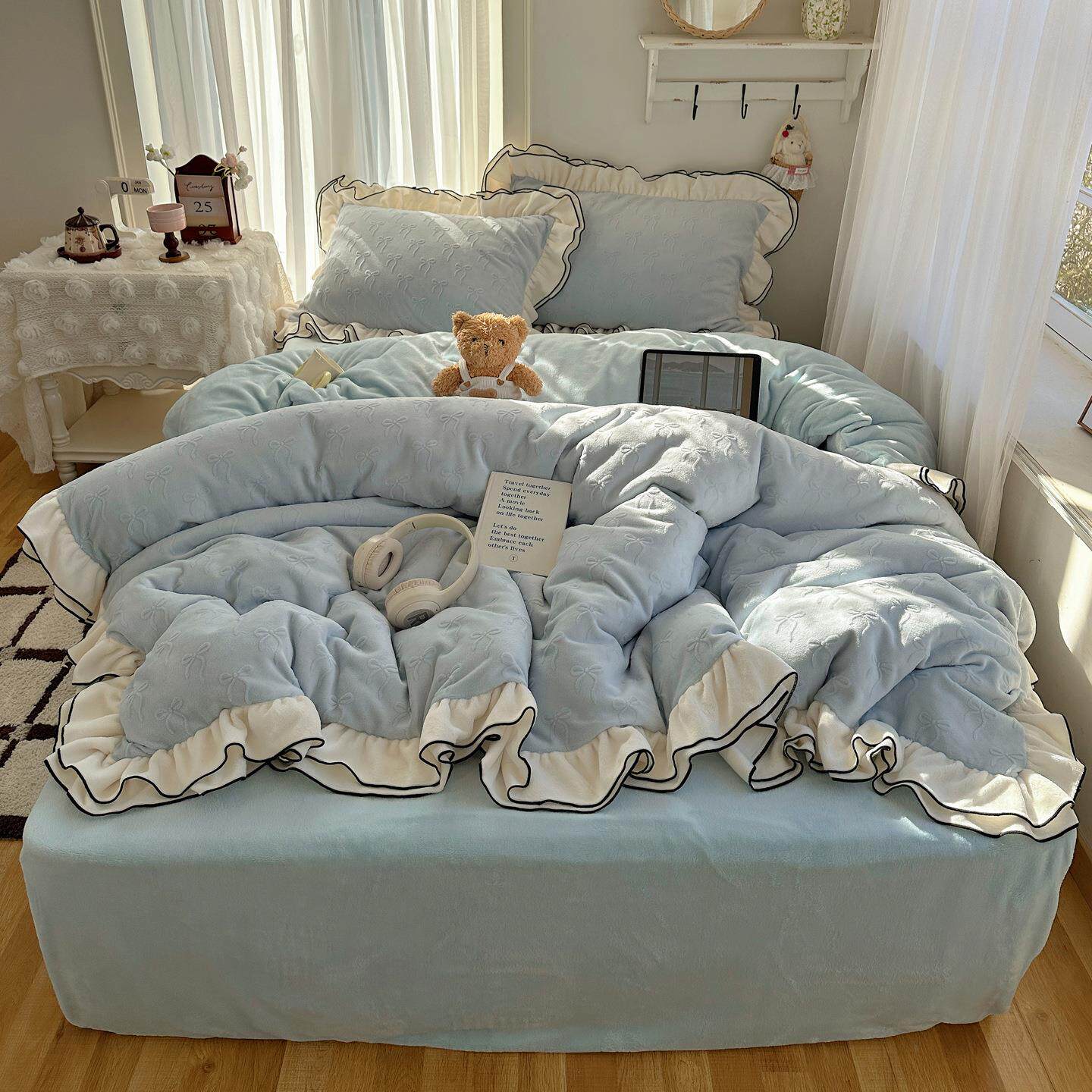 2025新款雕花绒荷叶边温柔蝴蝶结系列四件套 1.2m床单款三件套 温