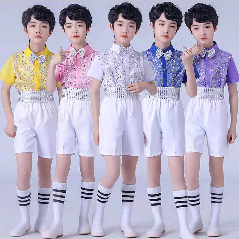 六一儿童合唱演出服夏男孩中小学生亮片舞蹈幼儿园背带裤表演服装