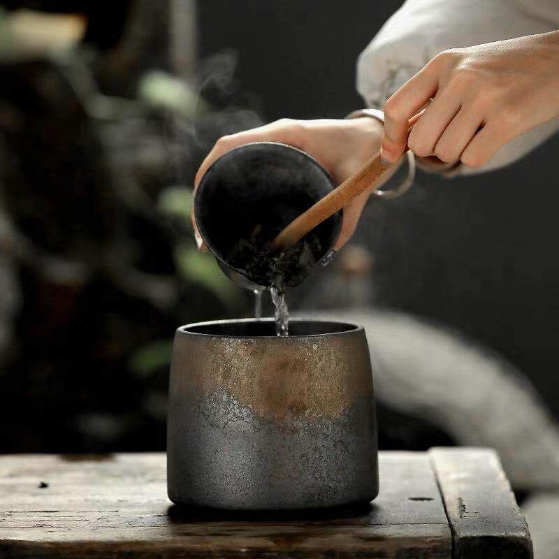 复古鎏金茶渣桶 粗陶大建水 日式干泡茶具配件水洗渣斗水盂茶渣桶
