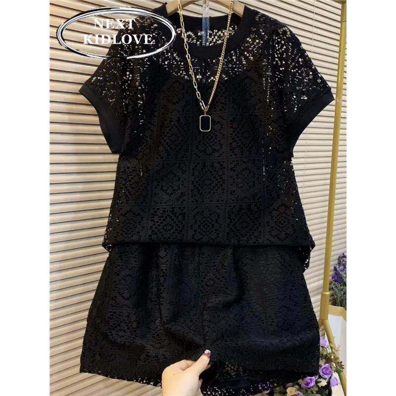 香港大尺码女装2025夏款胖mm短袖短裤三件套显瘦减龄遮肉镂空套装