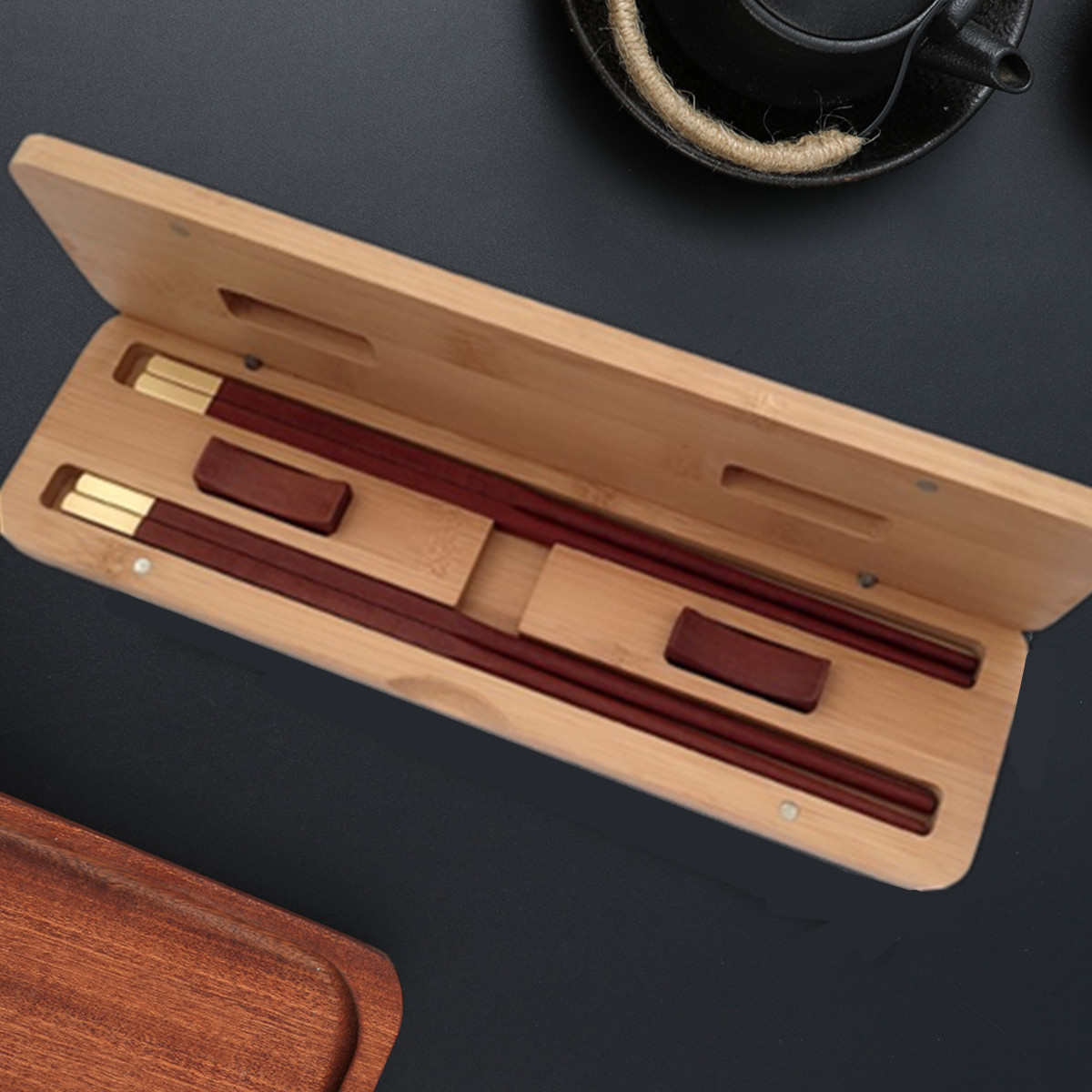 家宴礼品竹盒装鸡翅木筷子无漆无蜡方头雾金铜头红檀木筷定制LOGO