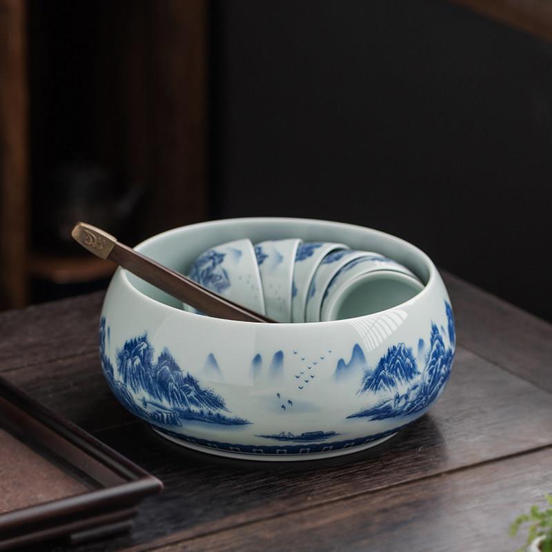茶洗青花瓷陶瓷茶渣缸大号建水家用杯洗茶具茶杯茶道零配水盂笔洗