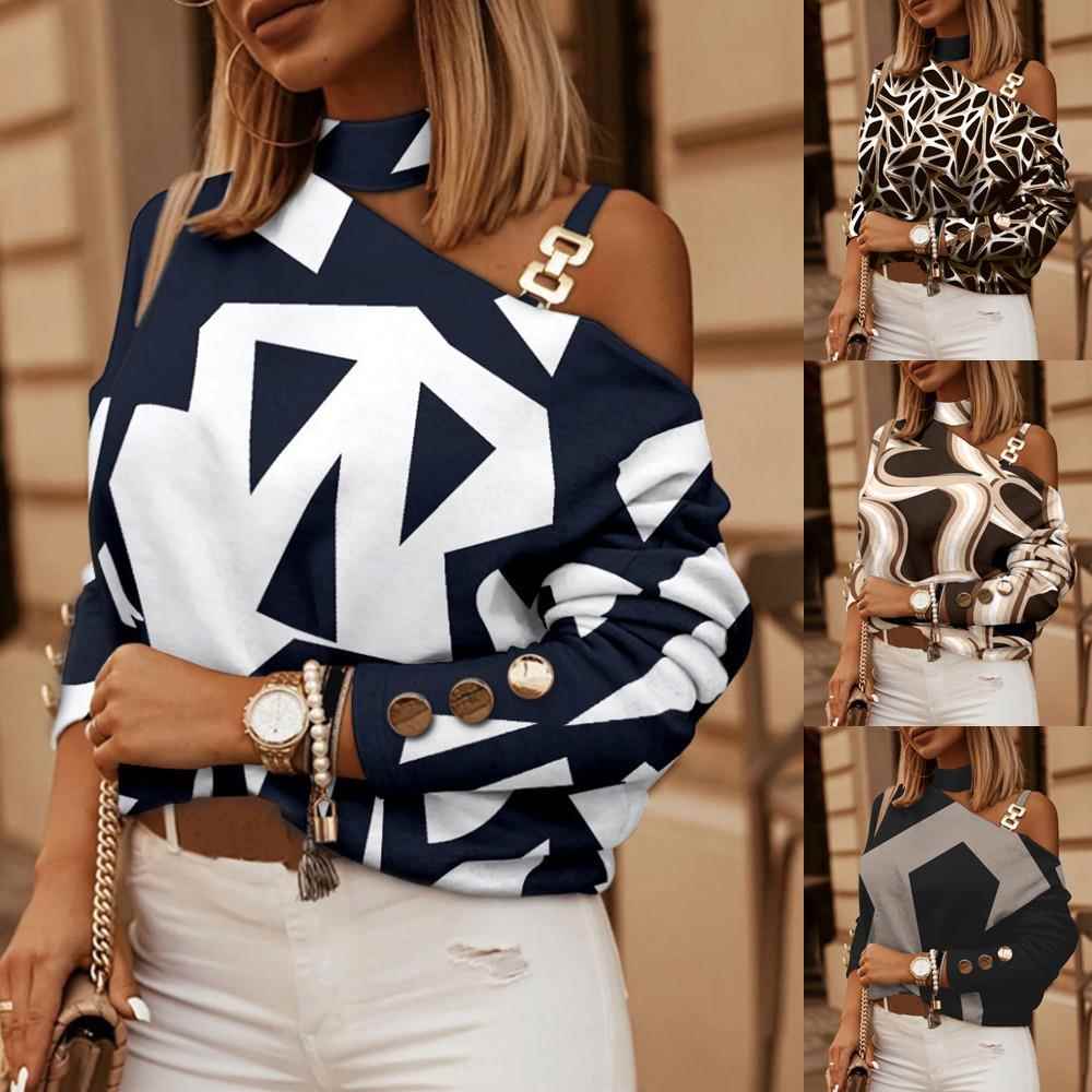 Chain halter neck top T-shirt womens button decoration long