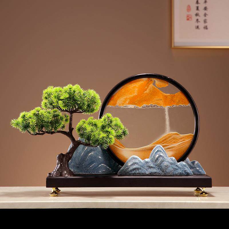 创意新中式流沙画摆件迎客松假山工艺品水墨江山酒柜玄关客厅