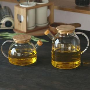 大容量竹木盖高硼硅玻璃油壶 家用创意大号透明酱油瓶醋瓶油瓶