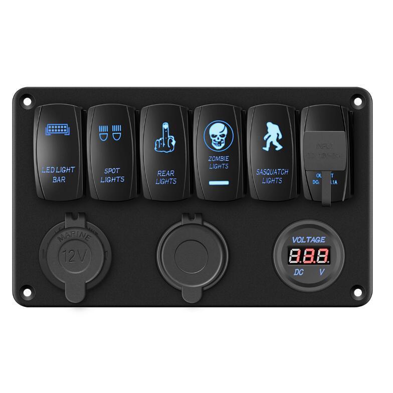 汽车游艇组合开关面板 6位翘板开关带US电压表 电源母座自由搭配