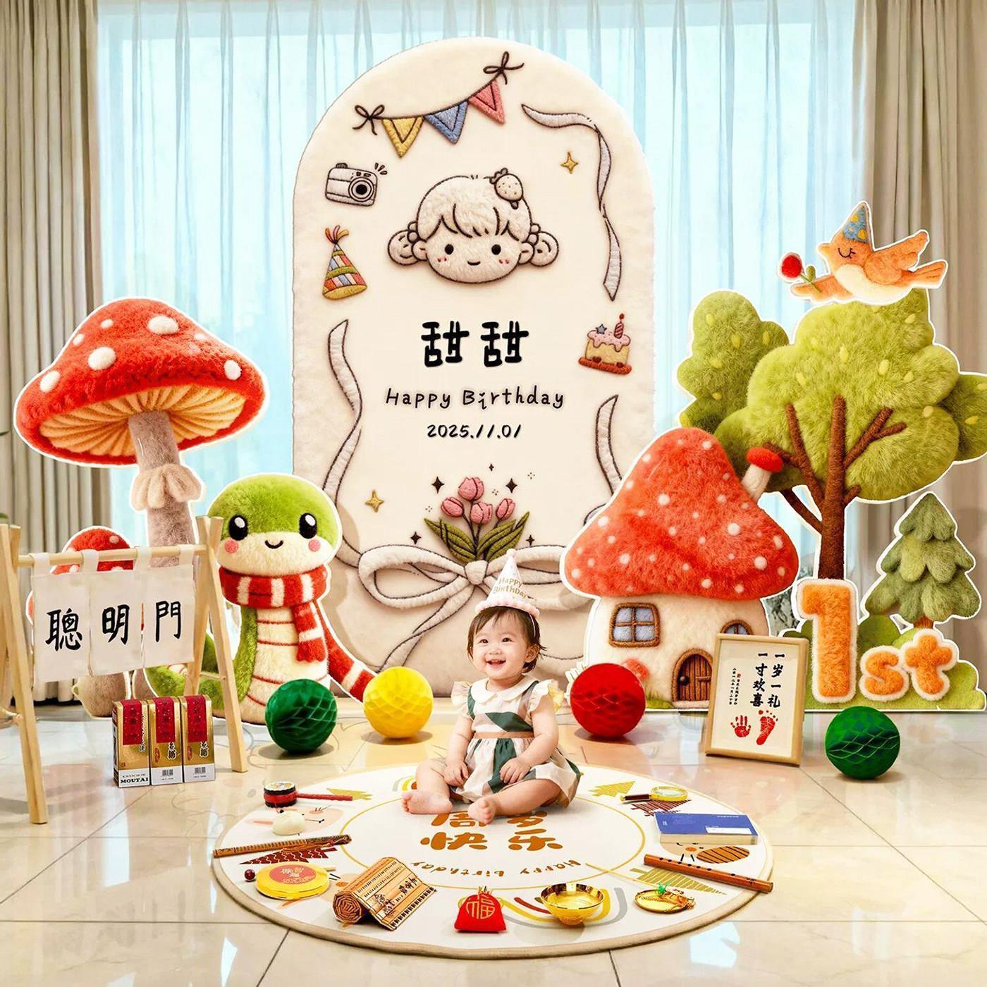 一周岁生日布置场景装饰男女孩抓阄氛围感ins风拍照抓周道具KT板