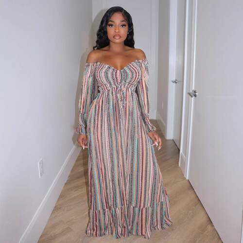 Women Off Shoulder Striped Dress Casual Daily Wear Spring
