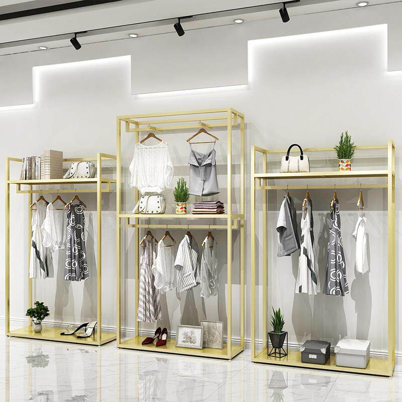 服装店展示架金色落地式双层衣架男女装店铺侧挂衣架正挂组合货架