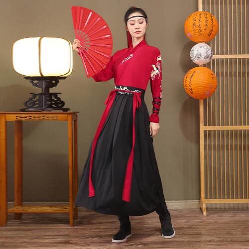女侠风汉服男女同款古装汉元素侠客国风学生花木兰红色打鼓演出服