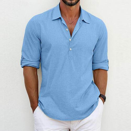 Men's plus size lapel shirt, home sleeve loop shirt, men's