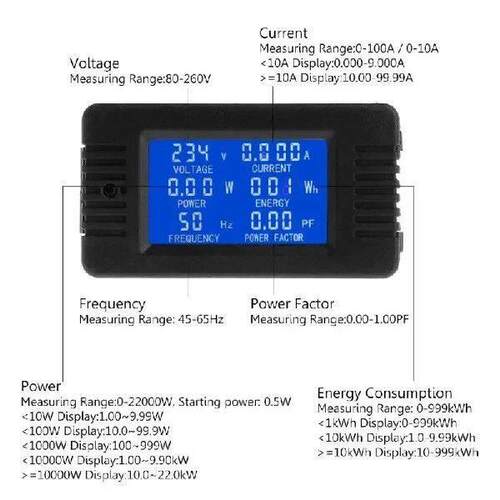 6in1 Digital 80~260V Power Energy Current KWh Watt Meter