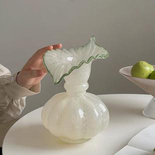 轻奢高级感绿色南瓜玻璃花瓶摆件法式复古客厅桌面水养插花装饰品