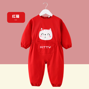 儿童连体罩衣秋冬季男童宝宝画画防水防脏婴儿爬行爬爬服女童外穿