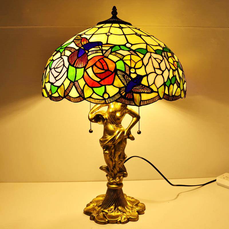 高档美式复古台灯大客厅餐厅吧彩色玻璃艺蜂鸟台玫瑰术卧室气床头