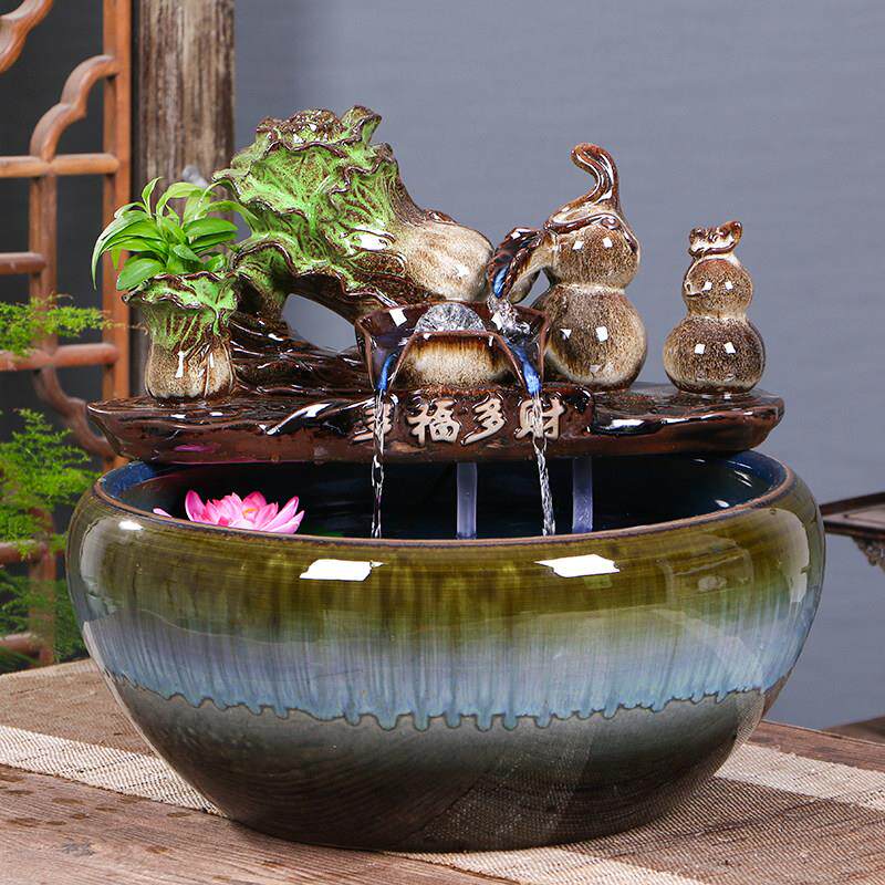 陶瓷鱼缸家用流水喷泉龟金鱼缸大型鱼缸客厅加湿财富装饰园林绿化