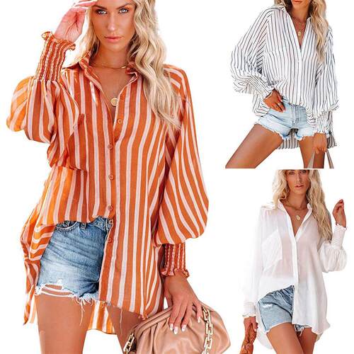 Striped Print Shirt Casual Boho Flounce Sleeve Bishop Button