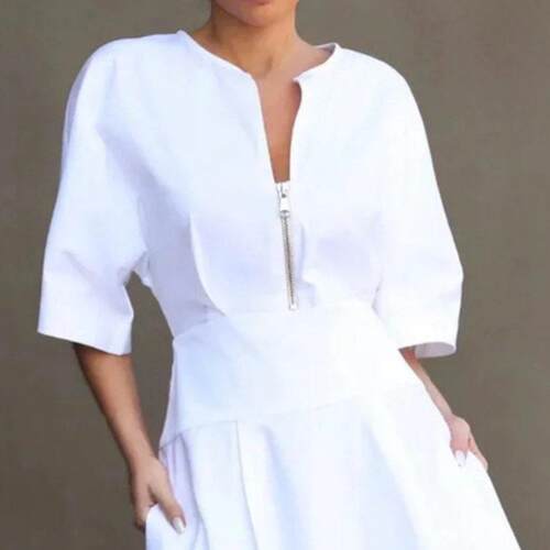 Women 2026 Office Ladies V-Neck Zipper Sheer Pure Cotton