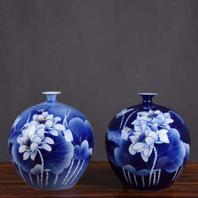 摆件工艺品收藏陶瓷石榴大师手绘荷花瓶家居装饰品柜台书房摆件