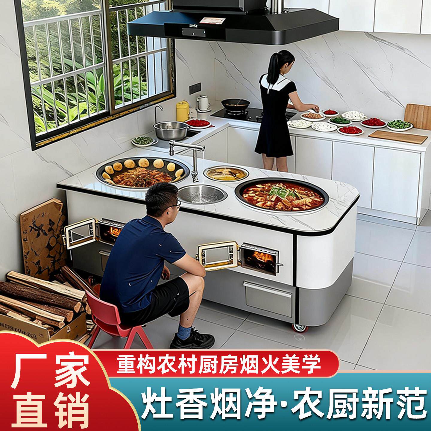岩板柴火灶新款农村家用烧木柴可移动大铁锅灶台新型双锅灶大锅台