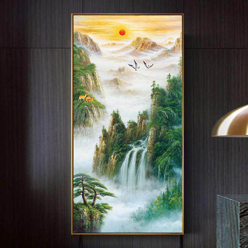 制作黄山迎客松山水风景油画中式玄关装饰画酒店大厅竖版墙上挂画