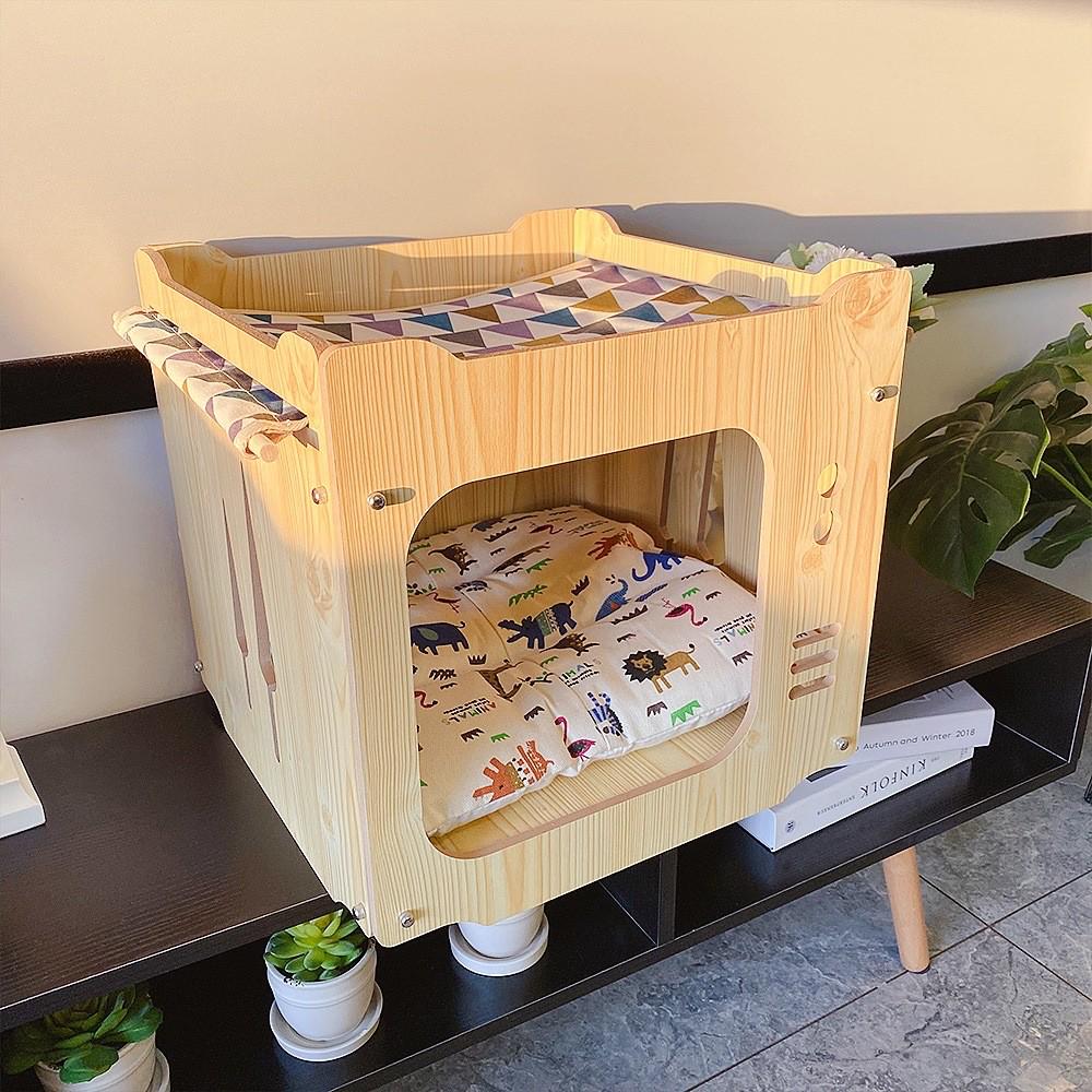 实木猫窝猫房子木质猫别墅木箱双层夏天吊床夏季凉积木组合