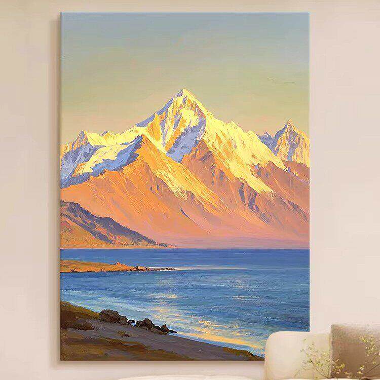 日照金山客厅装饰画雪山风景玄关挂画奶油风山水印象派纯手绘油画