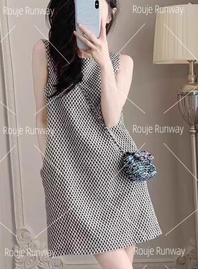 法式Rouje Runway小香风格子无袖背心连衣裙女百搭miu里miu气短裙
