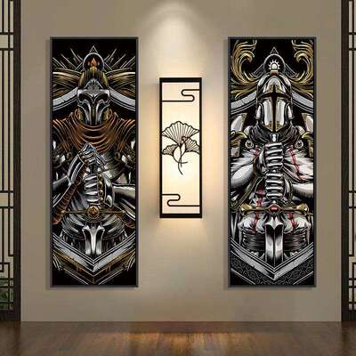 日式挂画纹身店装饰画工业风四联画武士骑士寿司店居酒屋酒吧壁画