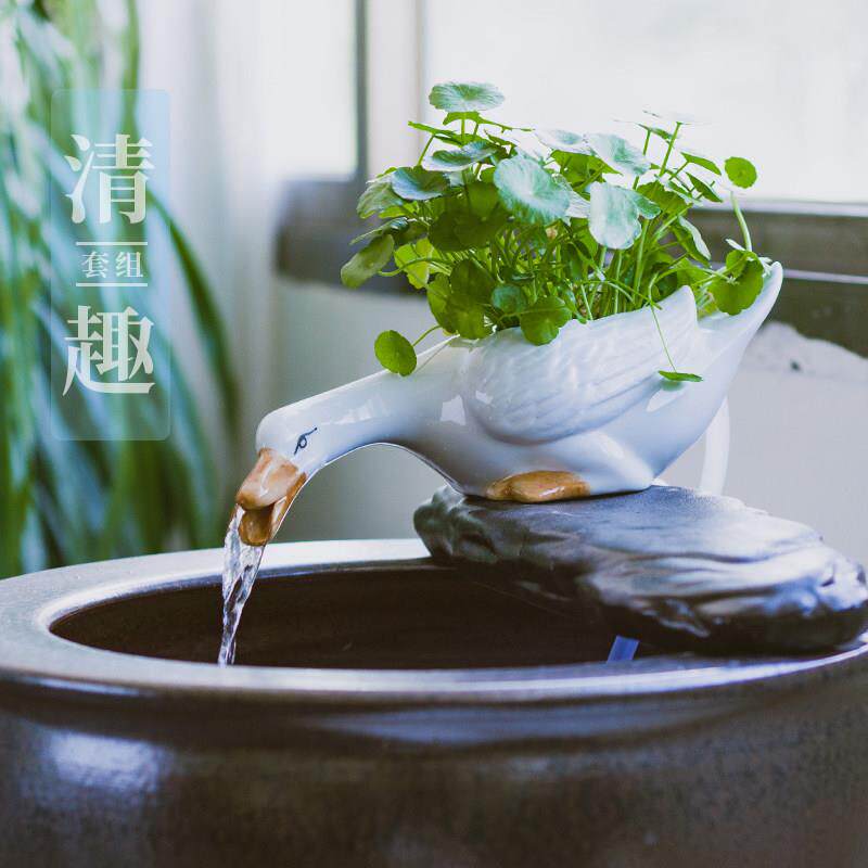 创意流水摆件古法鱼缸造景装饰品假山庭院造景循环动物鸭子小摆件