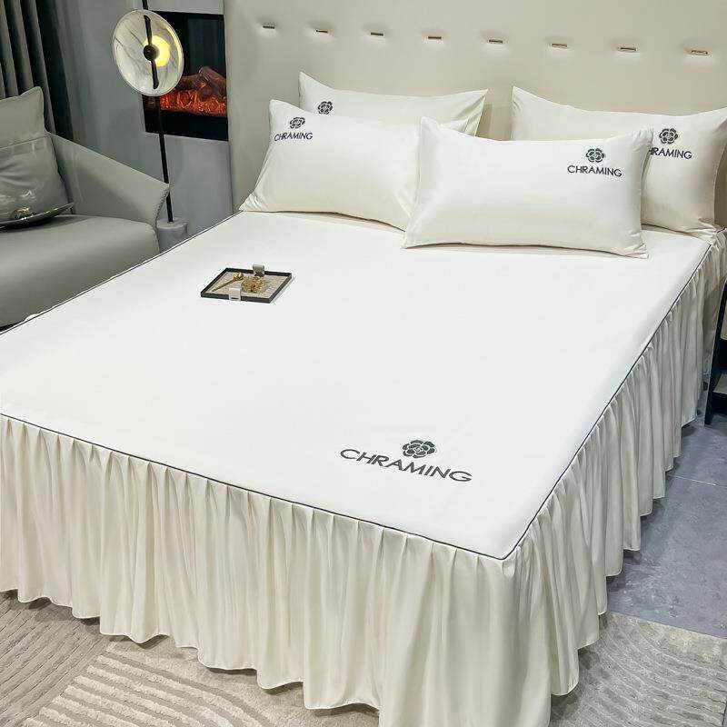 夏季山茶花刺绣水洗真丝冰丝单床裙三件套枕套防滑防尘款单件床罩