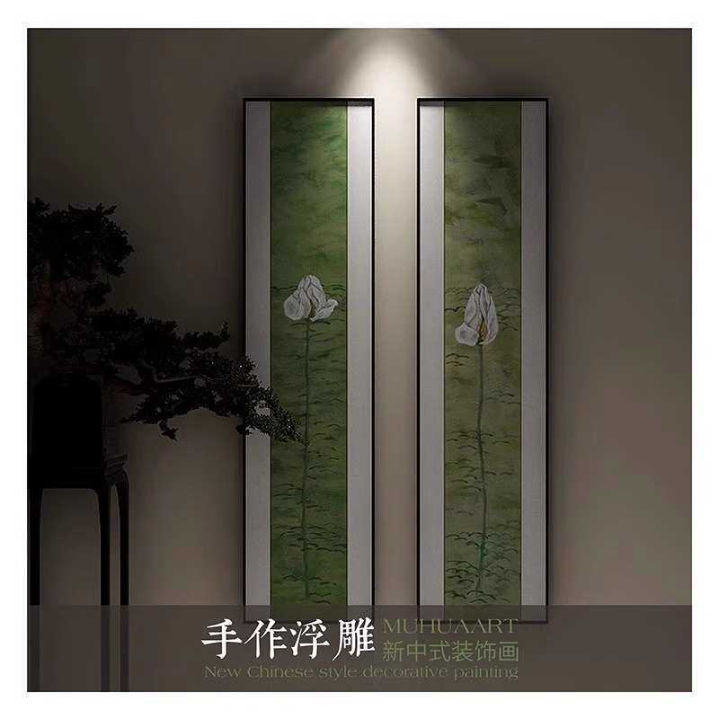 客厅茶室荷花禅意四联装饰画酒店书房背景墙新中式手绘肌理壁挂画