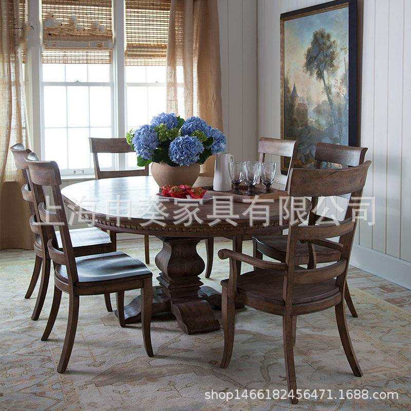 美式乡村经典复古餐桌椅组合实木圆形多人饭桌餐椅家用别墅样板房