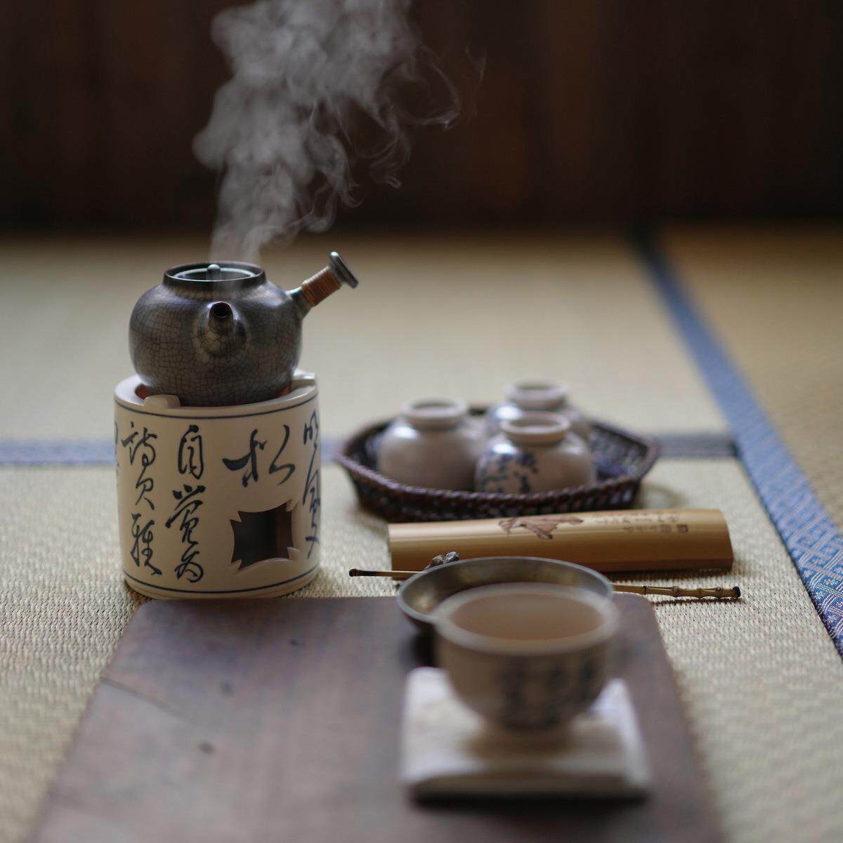 梵山堂青花诗文直身酒精炉茶炉茶壶蜡烛灯底座加热烧茶煮茶器