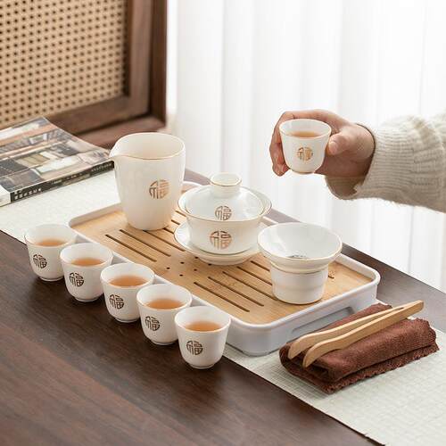 羊脂碗玉具套装纯礼白高档白瓷盖茶杯家0087用商务活茶动品旅行茶