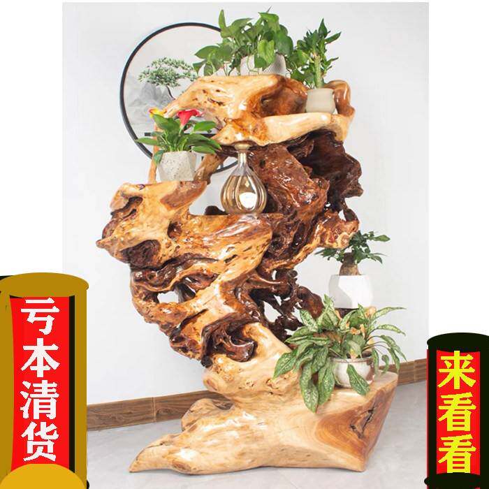根雕花架博物架天然实木香樟木盆景架室内原木整体根艺摆件花盆架